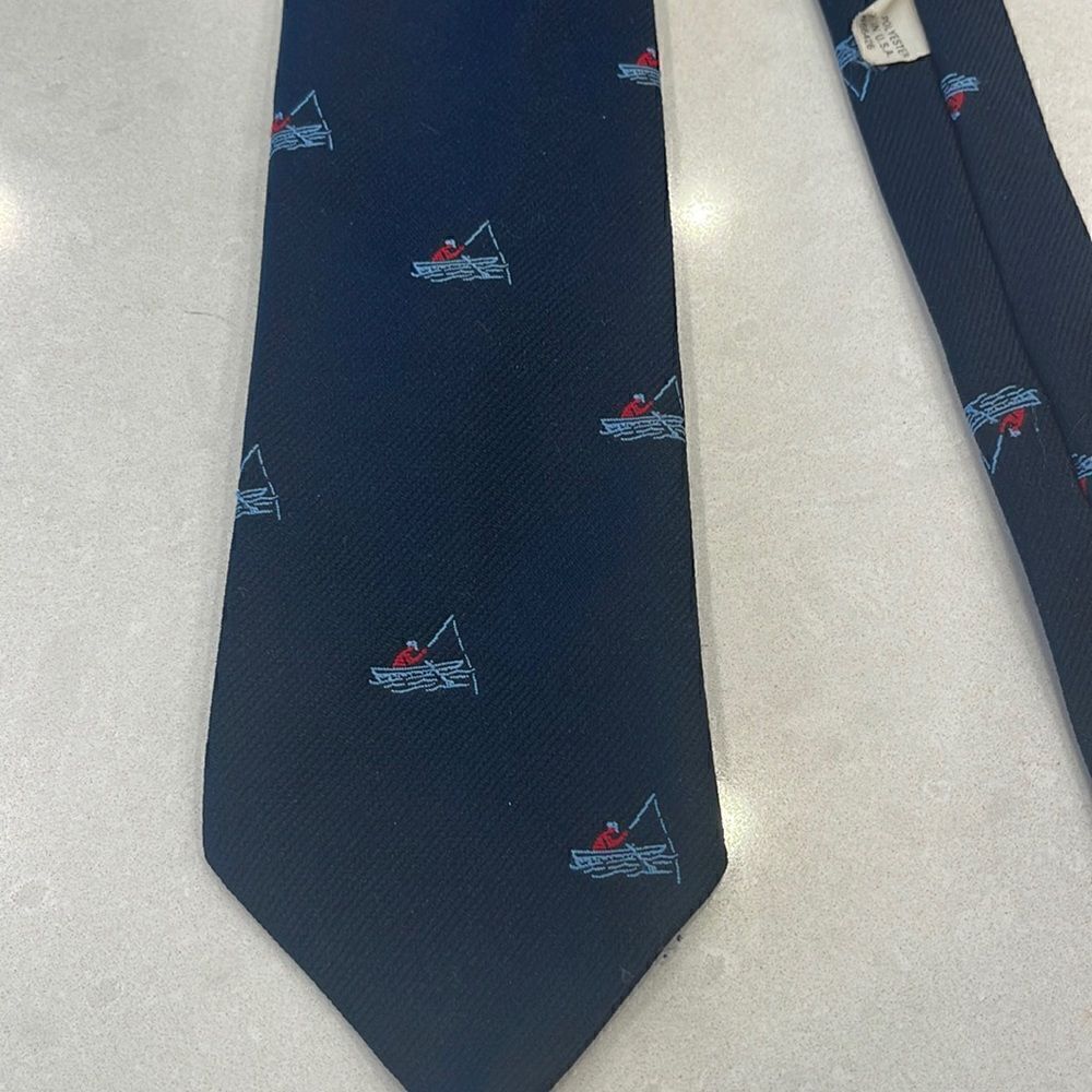 Tie with boat, fisherman, pole. Red white blue super quaint and fun. Vintage